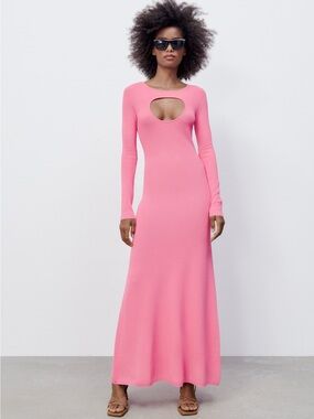 Zara pink cut-out long sleeve stretch knit dress S
